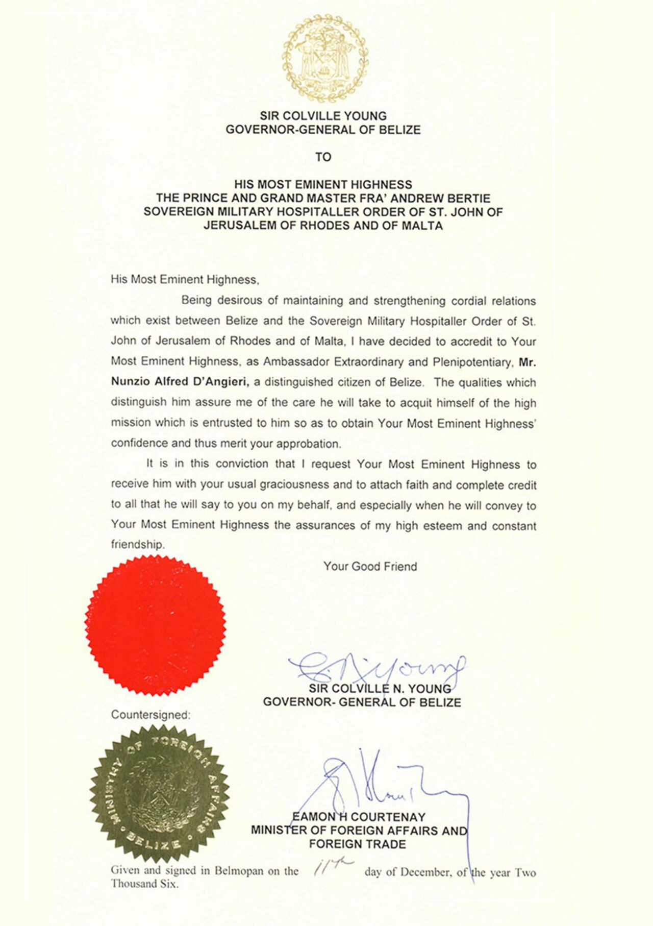 Credential Letters - H.E. Ambassador Nunzio Alfredo D'Angieri