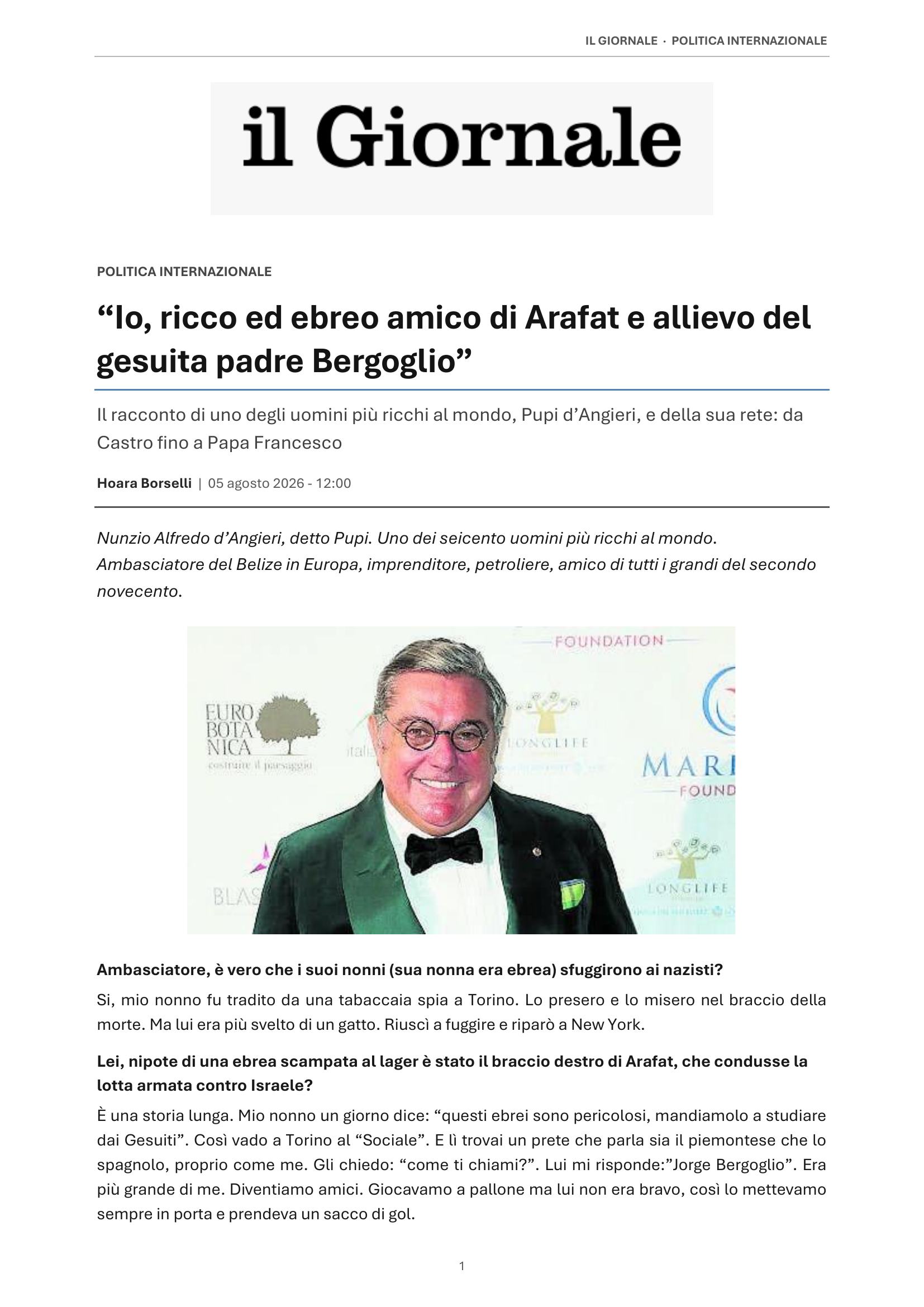 Pagina 1 dell’articolo de Il Giornale del 5 agosto 2026 su Nunzio Alfredo D’Angieri